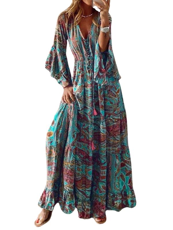 SHOPIQAT Bohemian Style Trumpet Sleeve Printed V-Neck High Waist Holiday Dress Floral Female Long Skirt - Premium from shopiqat - Just $11.150! Shop now at shopiqat
